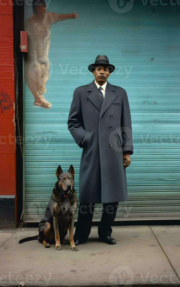 Elegant Black Man with American Style Coat and Large Dog   generative ai photo