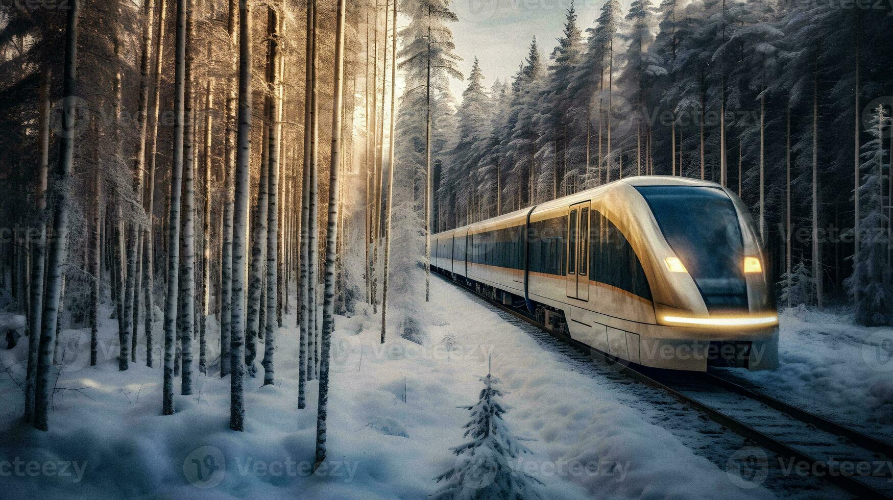 Futuristic Train Journey Through Frozen Forest   generative ai photo