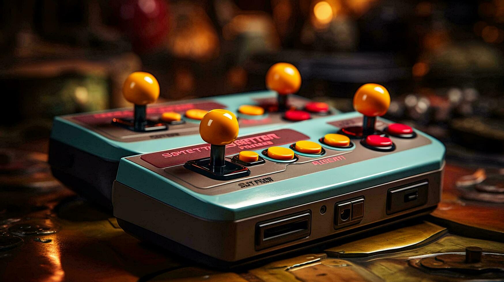 AI-Generated Old stylish vintage retro game console with video game joystick poster from 80s 90s photo