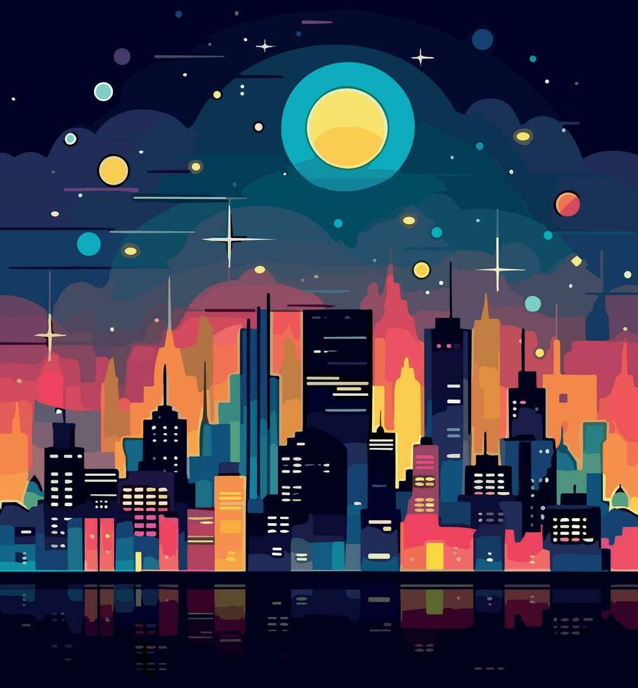 City at night with moon and stars. Vector illustration in flat style