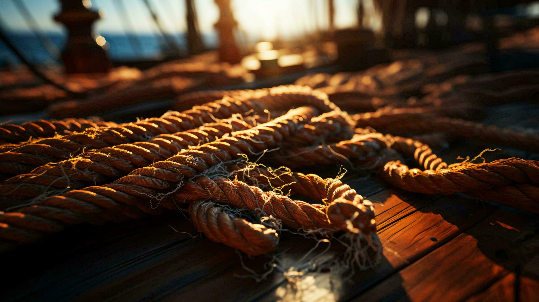 AI-Generated Large thick strong marine ropes for ships lie on a wooden pier photo