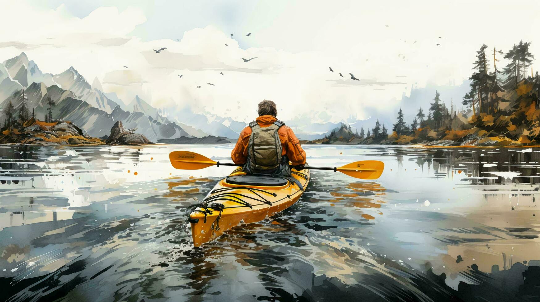 AI-Generated man is kayaking on the lake. The concept of active tourism and travel. View from the back photo