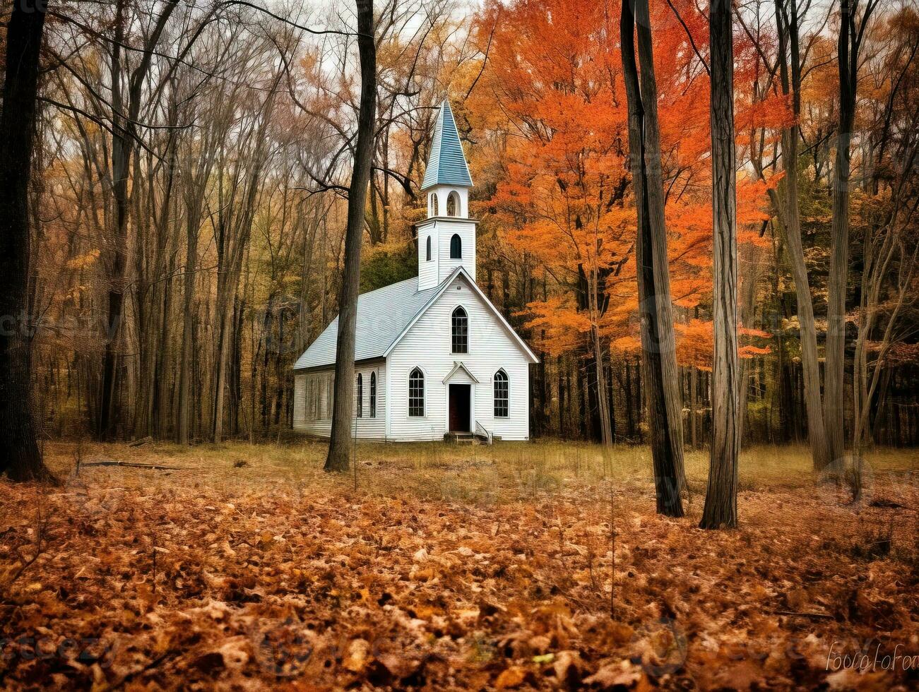 a small white wooden Protestant church in an autumnal American forest in New Hampshire   generative AI photo
