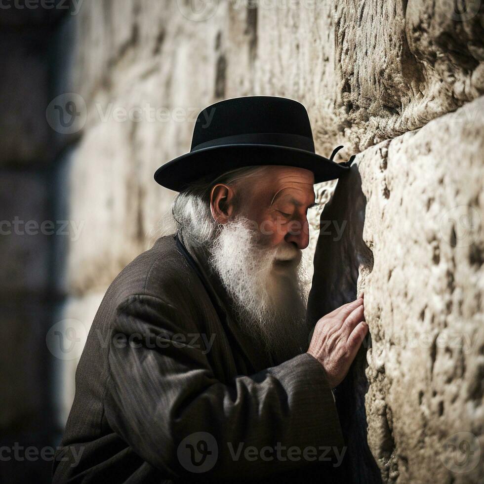 un judío hombre Orando en el occidental pared en Jerusalén generativo ai foto