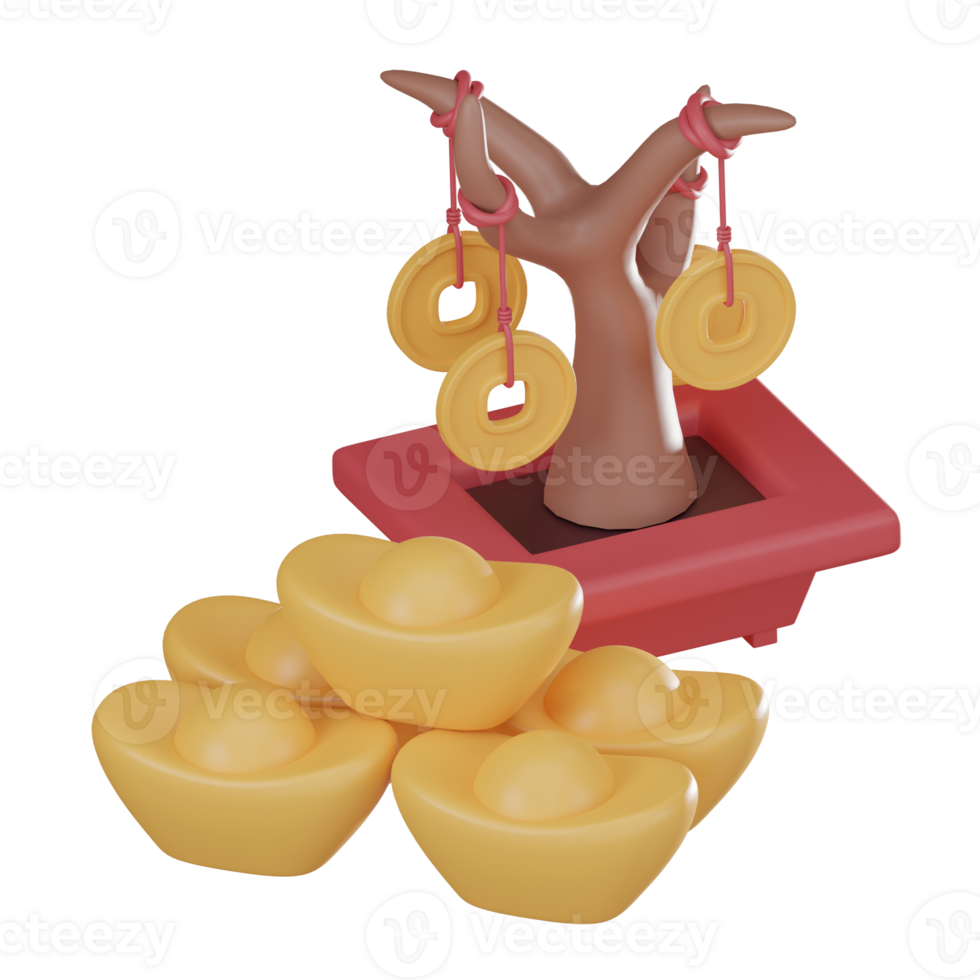 Chinese New Year Money Tree with Festive Gold Ingots 3D Icon for Prosperity and Wealth 3D render illustration. png