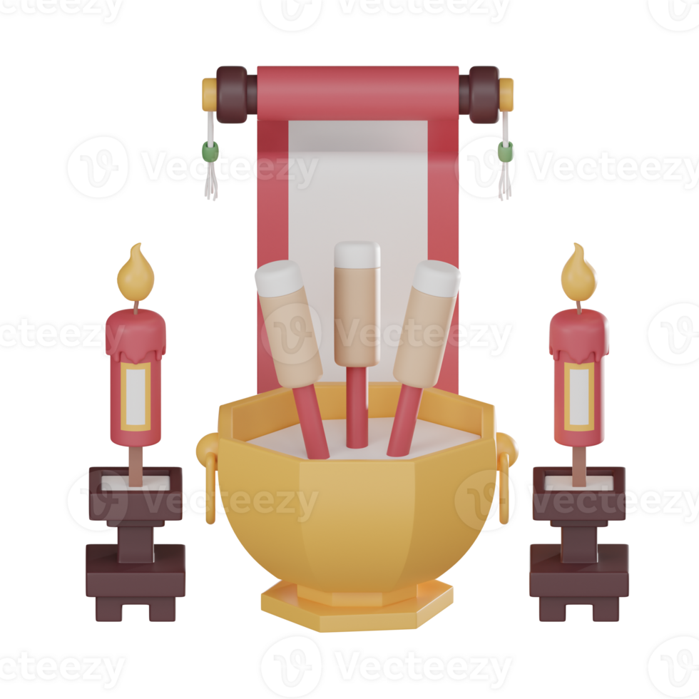 Chinese new year Incense with red candle and scroll letter 3D Icon, Spiritual Celebration and Tradition 3D render png