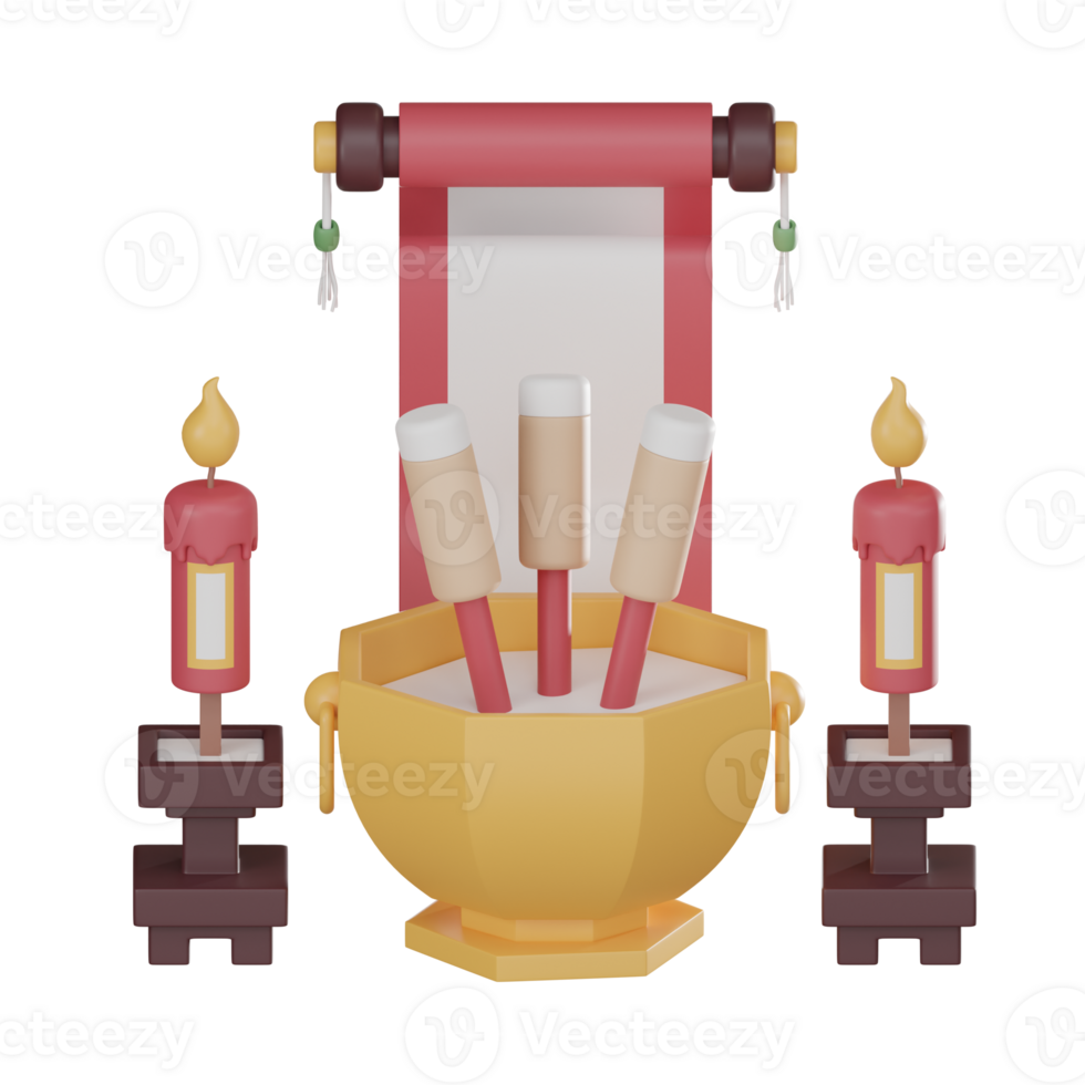 kinesisk ny år rökelse med röd ljus och skrolla brev 3d ikon, andlig firande och tradition 3d framställa png