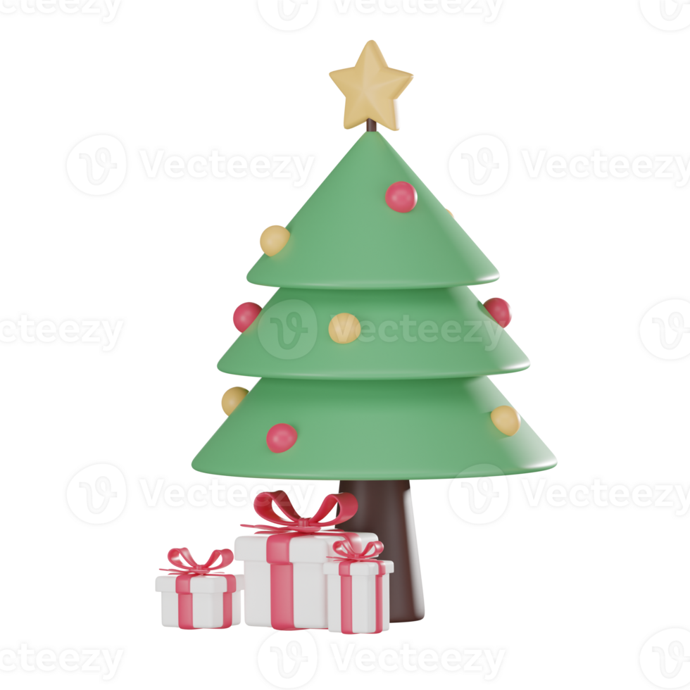 Christmas tree and gift box festive holiday decorations, xmas, 3D render. png