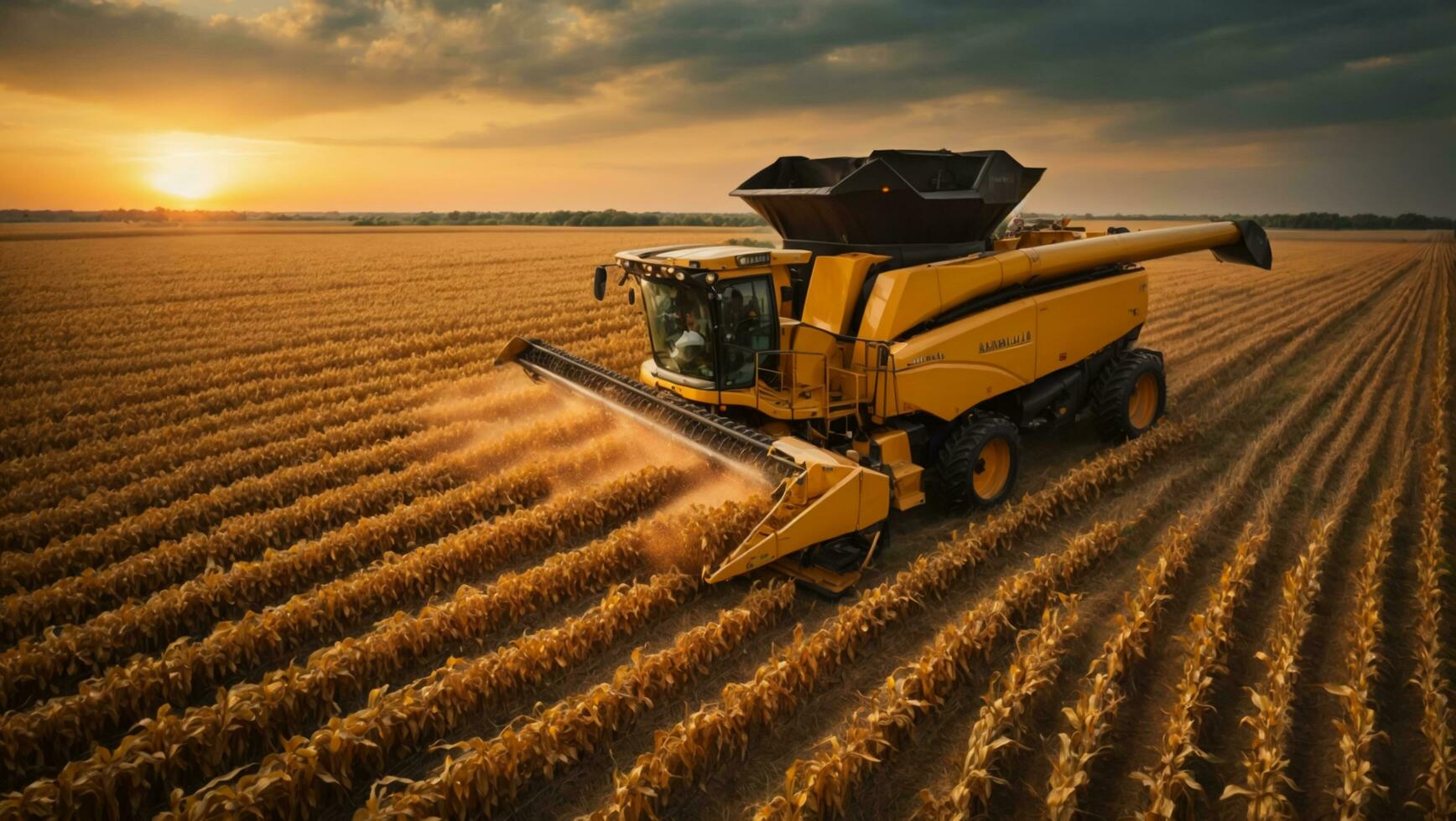 Harvesting of corn fields with combine, Corn picker harvesting a large filed of sweet Corn with sunset sky. ai generative photo