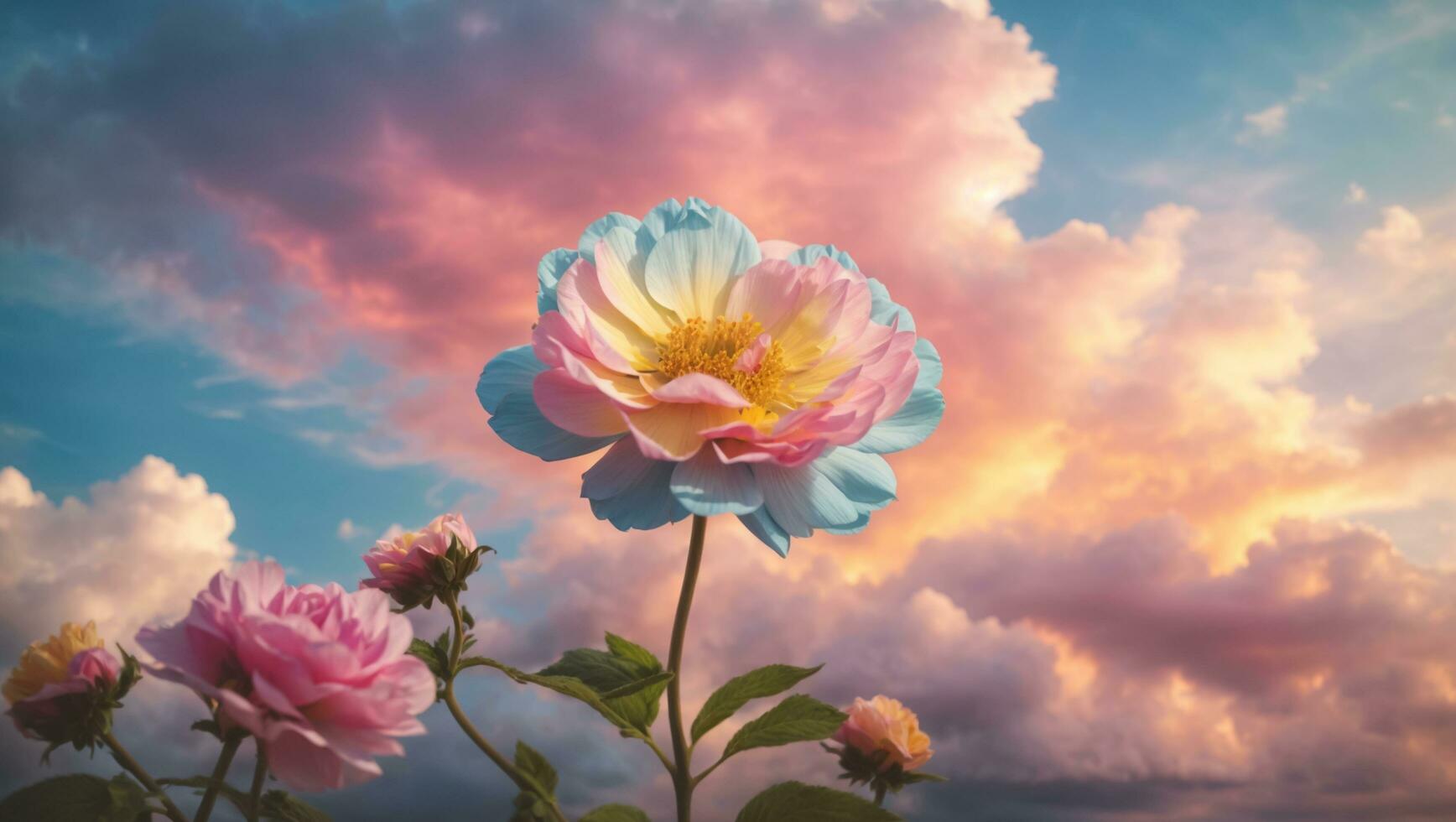 Beautiful colorful flowers with pastel sky and clouds background, Idyllic Meadow. ai generative photo