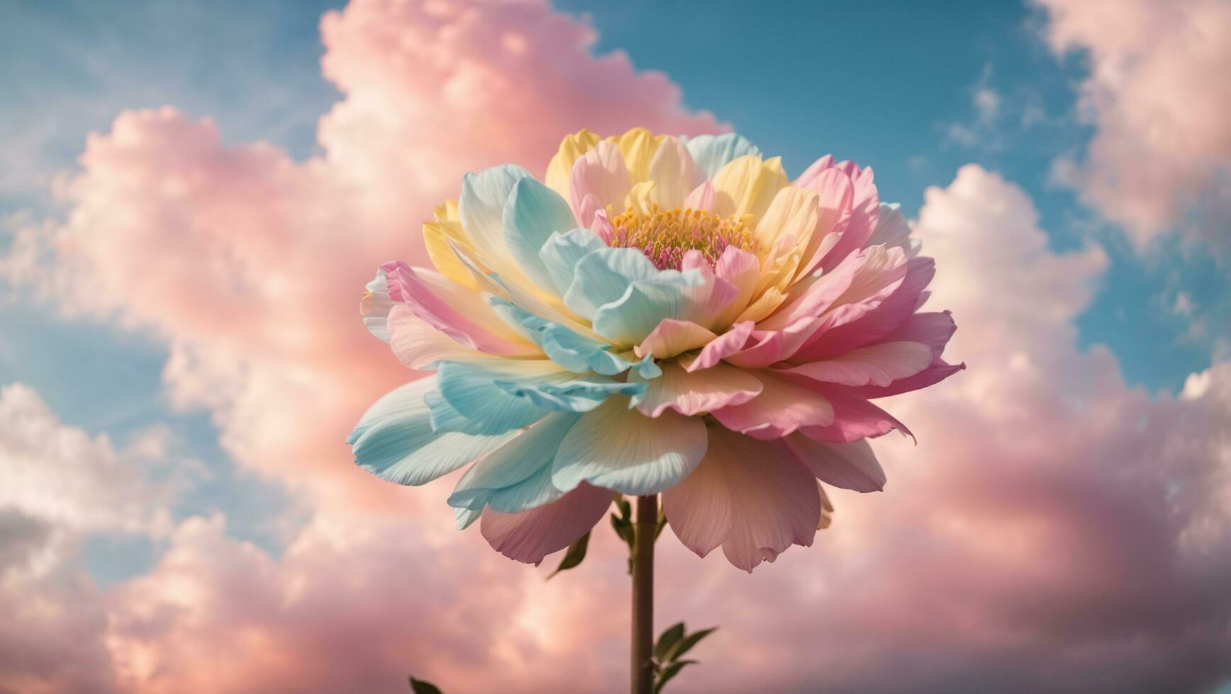 Beautiful colorful flowers with pastel sky and clouds background, Idyllic Meadow. ai generative photo