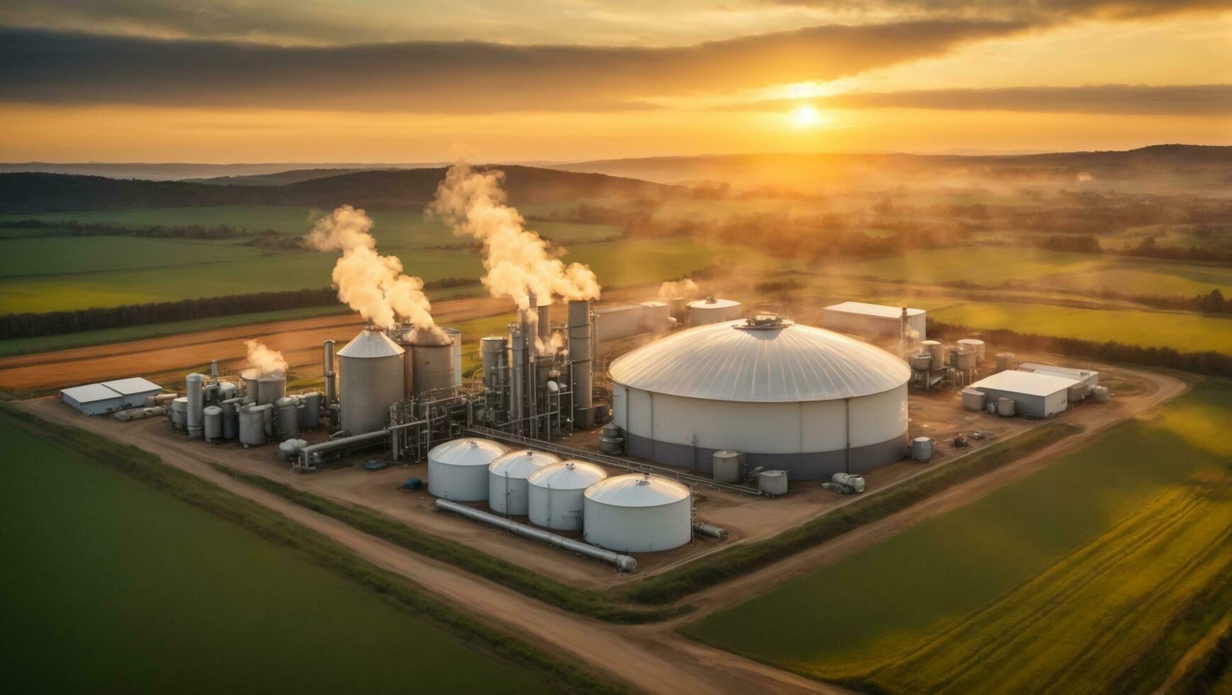 Modern biogas plant between several fields in rural region with sunset background, Bioenergy plant utilizing organic waste, Generative Ai photo