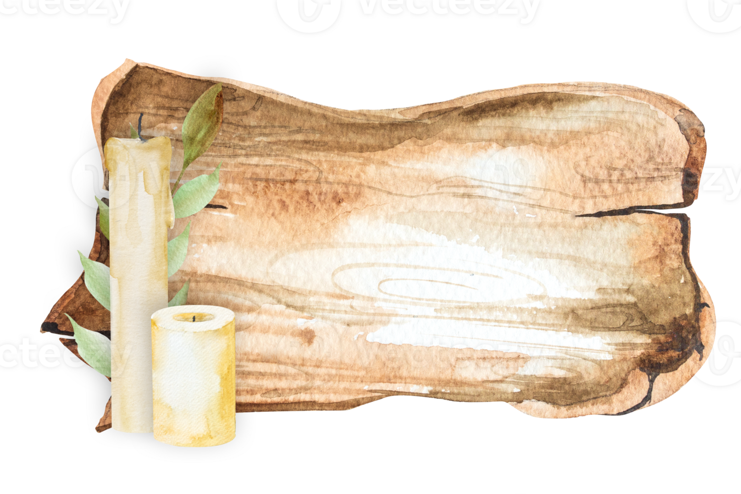 Watercolor illustration of antique birch bark, scroll, tree bark and candle, with space for text, hand drawn png