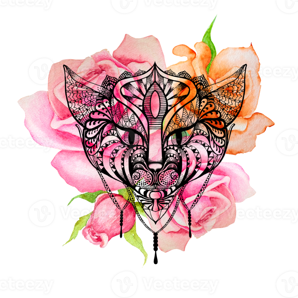 Illustration of hand drawn graphics, tattoo in the form of a cat on a background of roses png