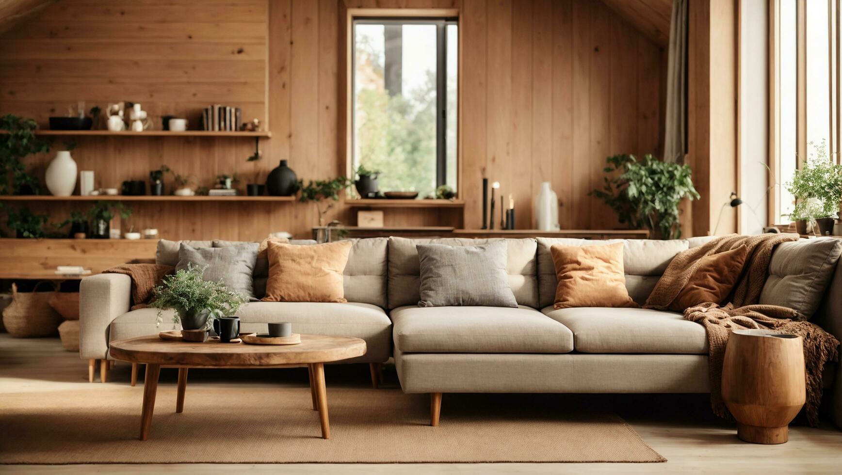 Attic scandinavian home interior design of modern living room. Corner sofa and rustic coffee table against wood lining wall with book shelves. AI Generative photo