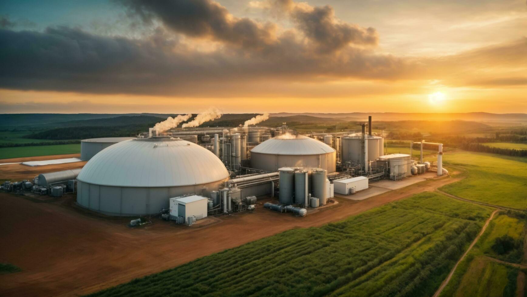 Modern biogas plant between several fields in rural region with sunset background, Bioenergy plant utilizing organic waste, Generative Ai photo