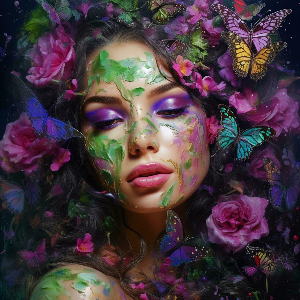 female make up illustration with flower and butterfly photo