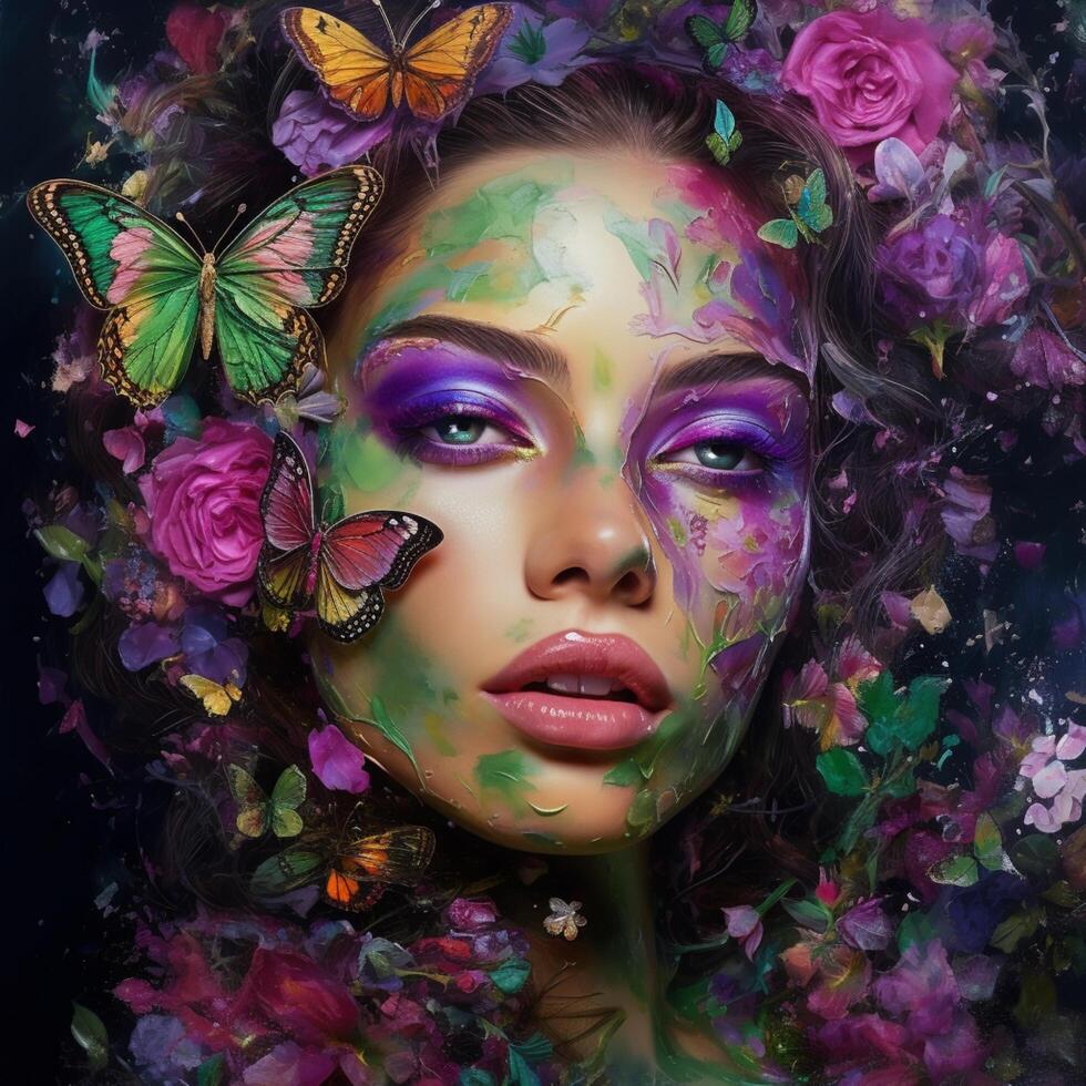 female make up illustration with flower and butterfly photo