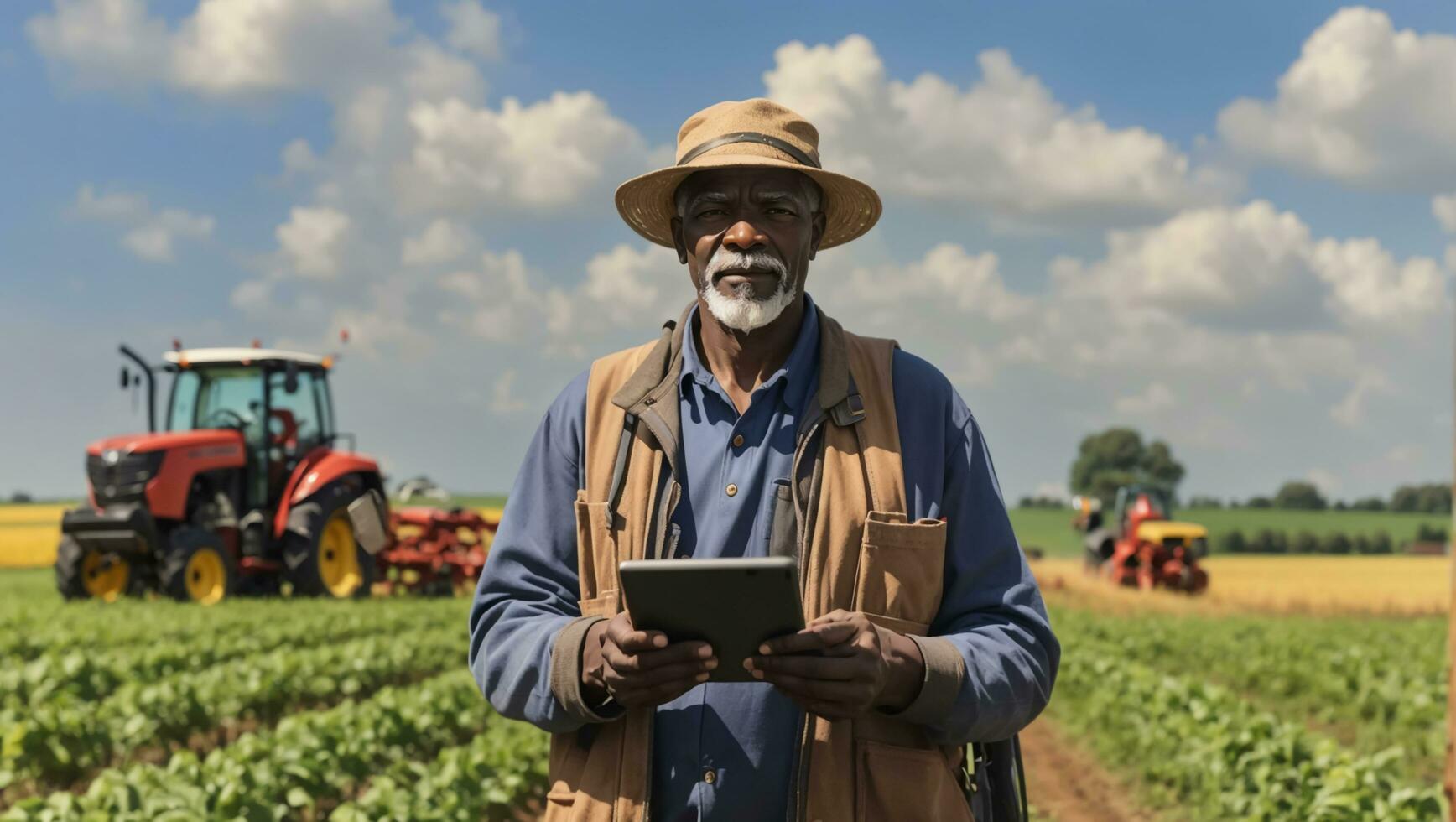 ilustración representa un mayor negro granjero en pie con confianza en el tierras de cultivo, tableta en mano, puente generaciones por abrazando moderno tecnología junto a tradicional agricultura equipo. foto