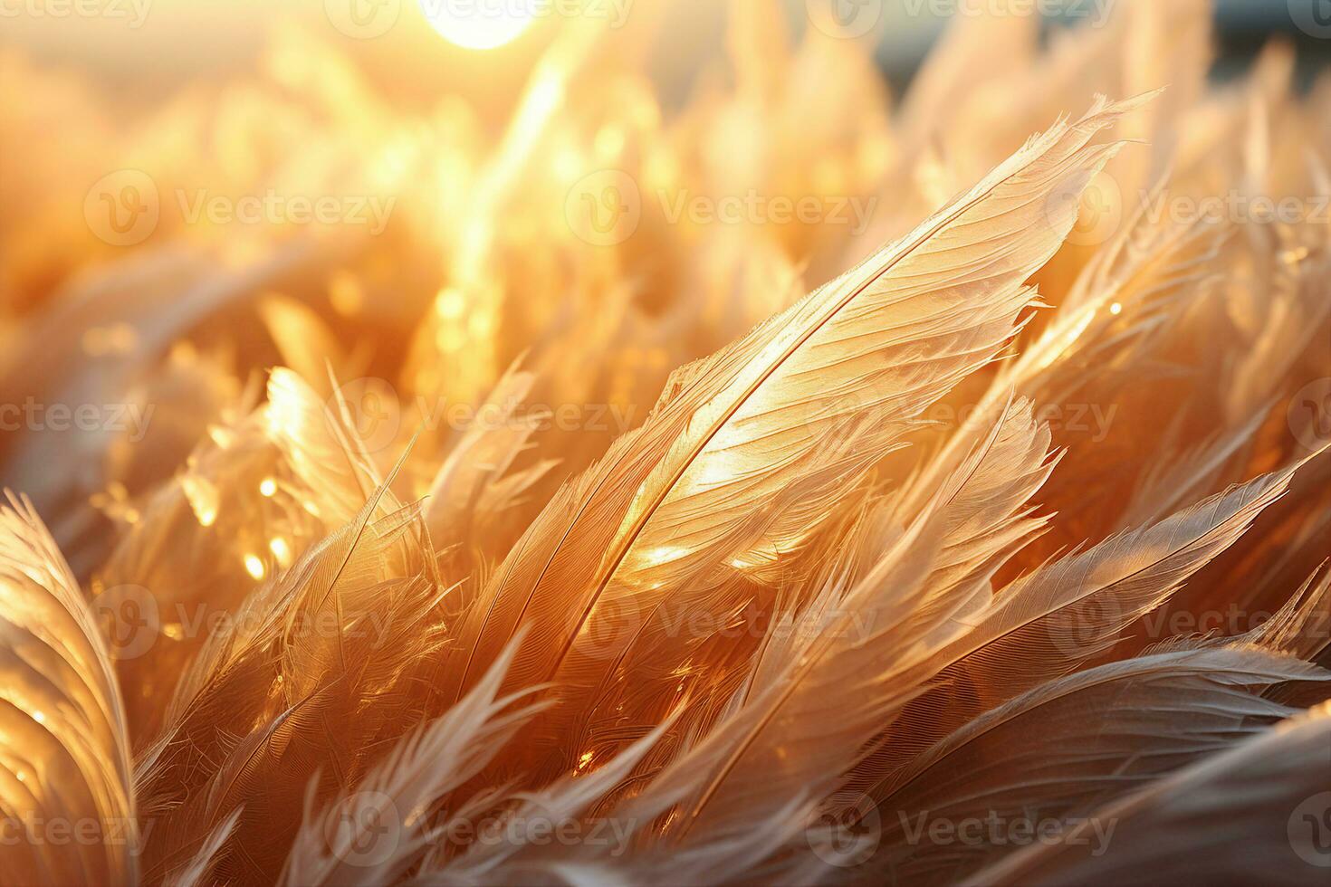 Ice crystals forming organic feather-like whimsical patterns across an outdoor window pane, backlit with streaming golden sunrise rays. The concept of the beauty of natural phenomena. AI Generated. photo