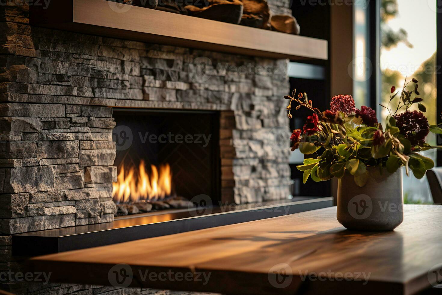 A modern fireplace made of brick and has a mantle with a vase of flowers on a wooden table in front of it. A cozy and inviting space. AI Generated illustration. photo