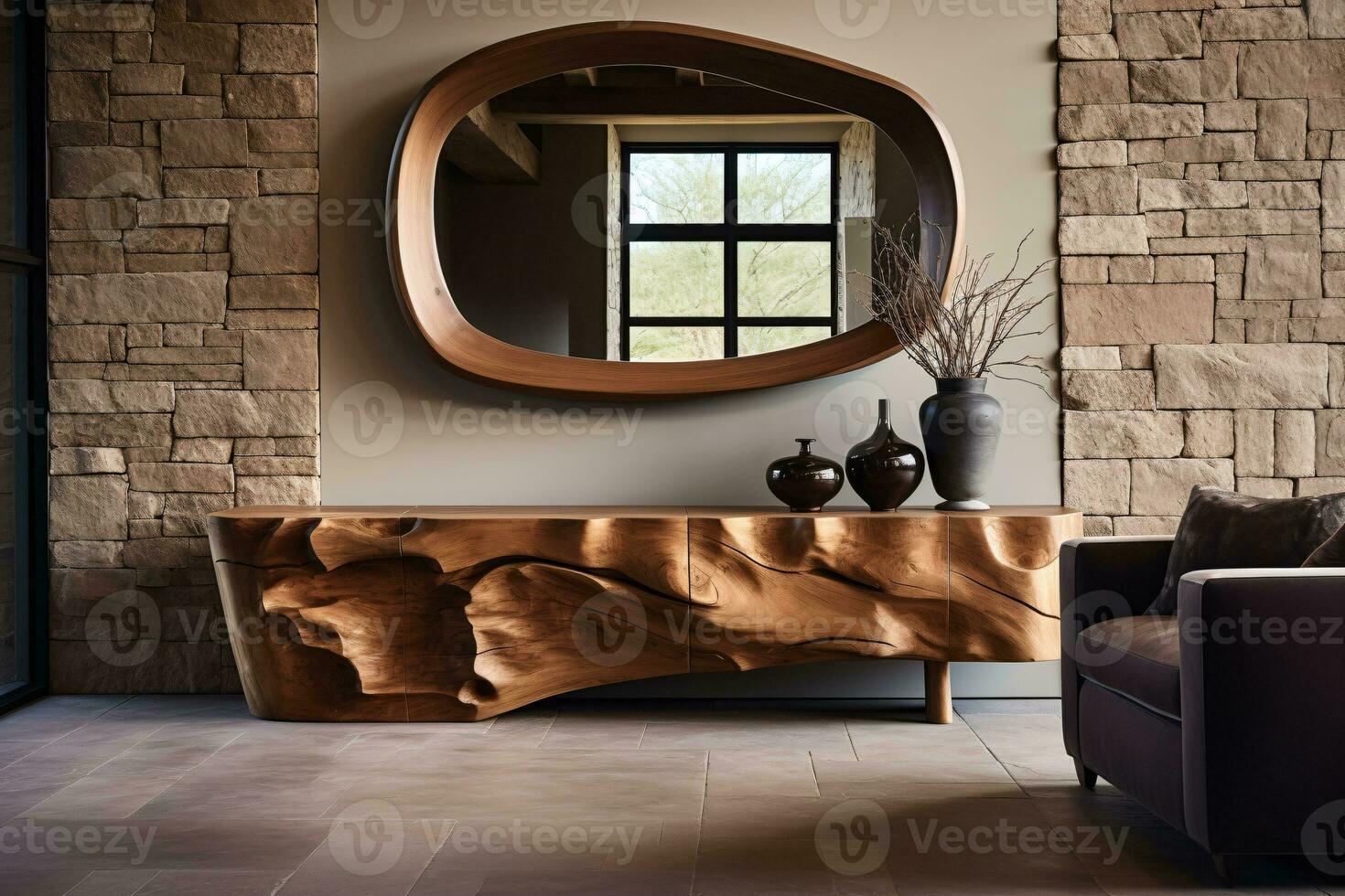 Interior of a warm, cozy living room with a large decorative console table made of solid wood. On the wall is a huge mirror in a wide wooden frame. AI Generated. photo