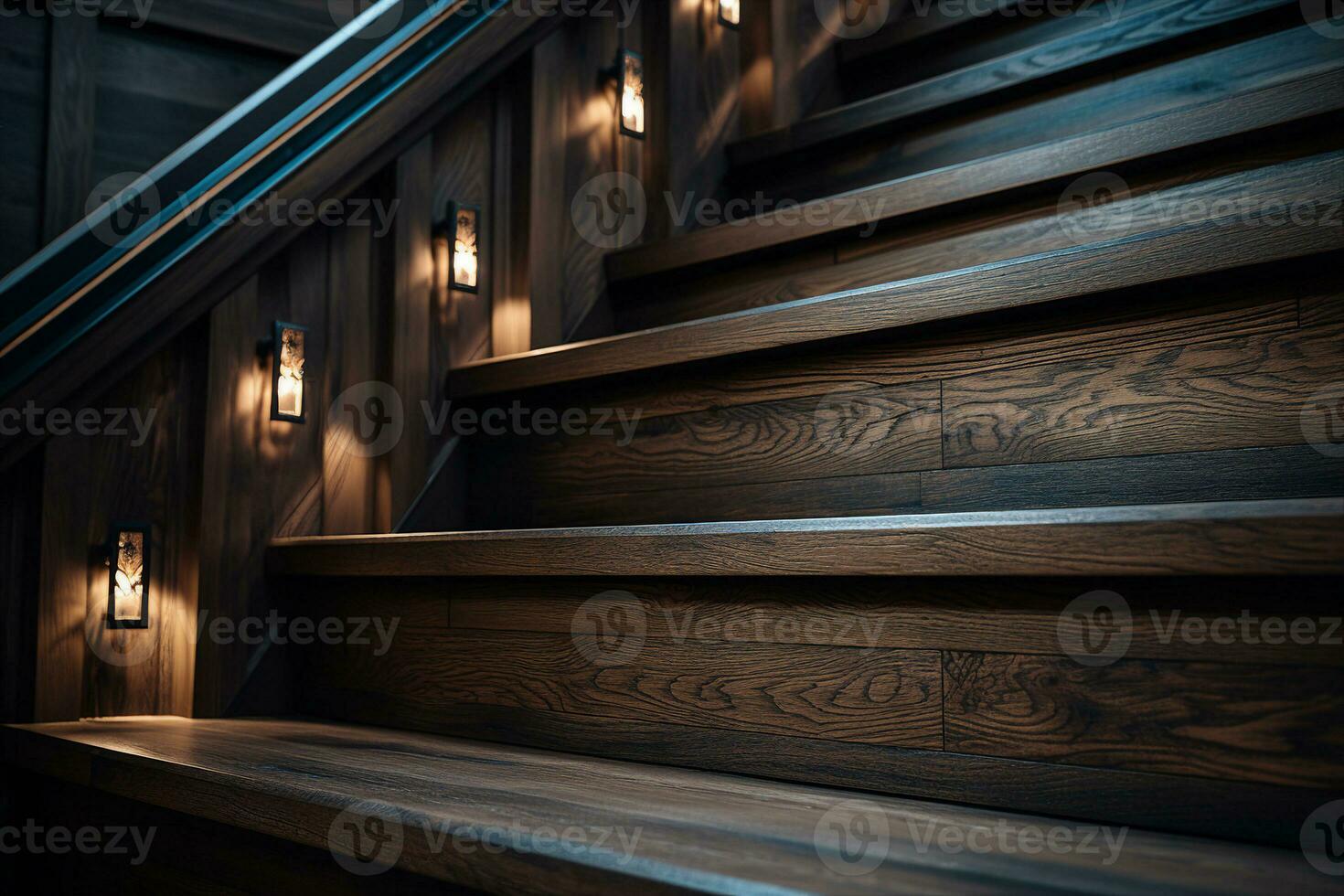 A wide wooden staircase leading upstairs. Next to the staircase there is a handrail and built-in lamps, the light of which emphasizes the texture of the wood. AI Generated. photo