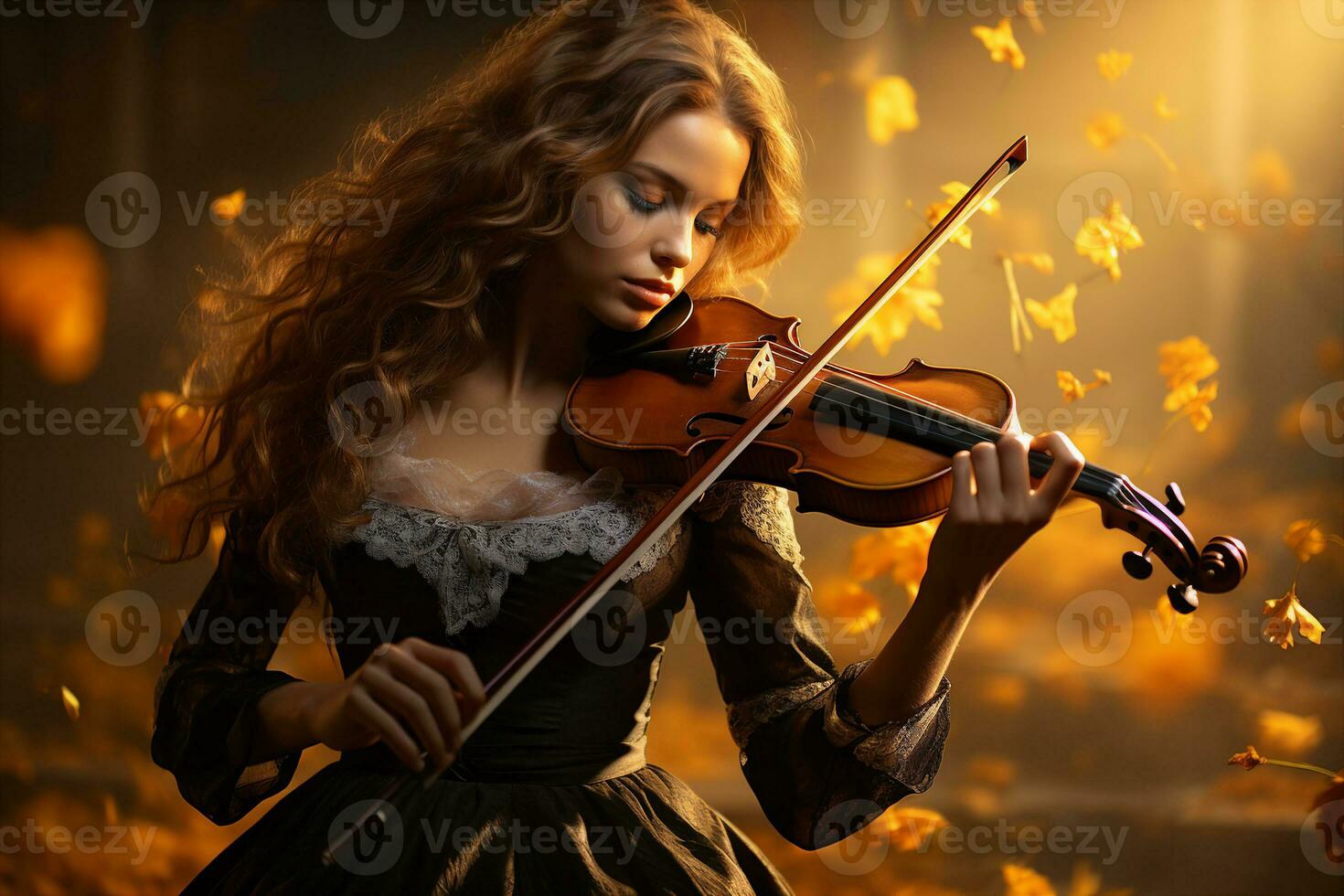 Woman playing a violin illuminated by a background of autumn leaves changing color. AI Generated illustration. photo