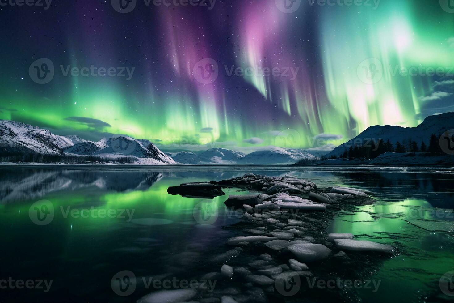 Vibrant display of the aurora borealis in the night sky, showcasing a mix of green, violet, pink and other colors. A mesmerizing natural phenomenon predominantly seen in high-latitude. AI Generated. photo