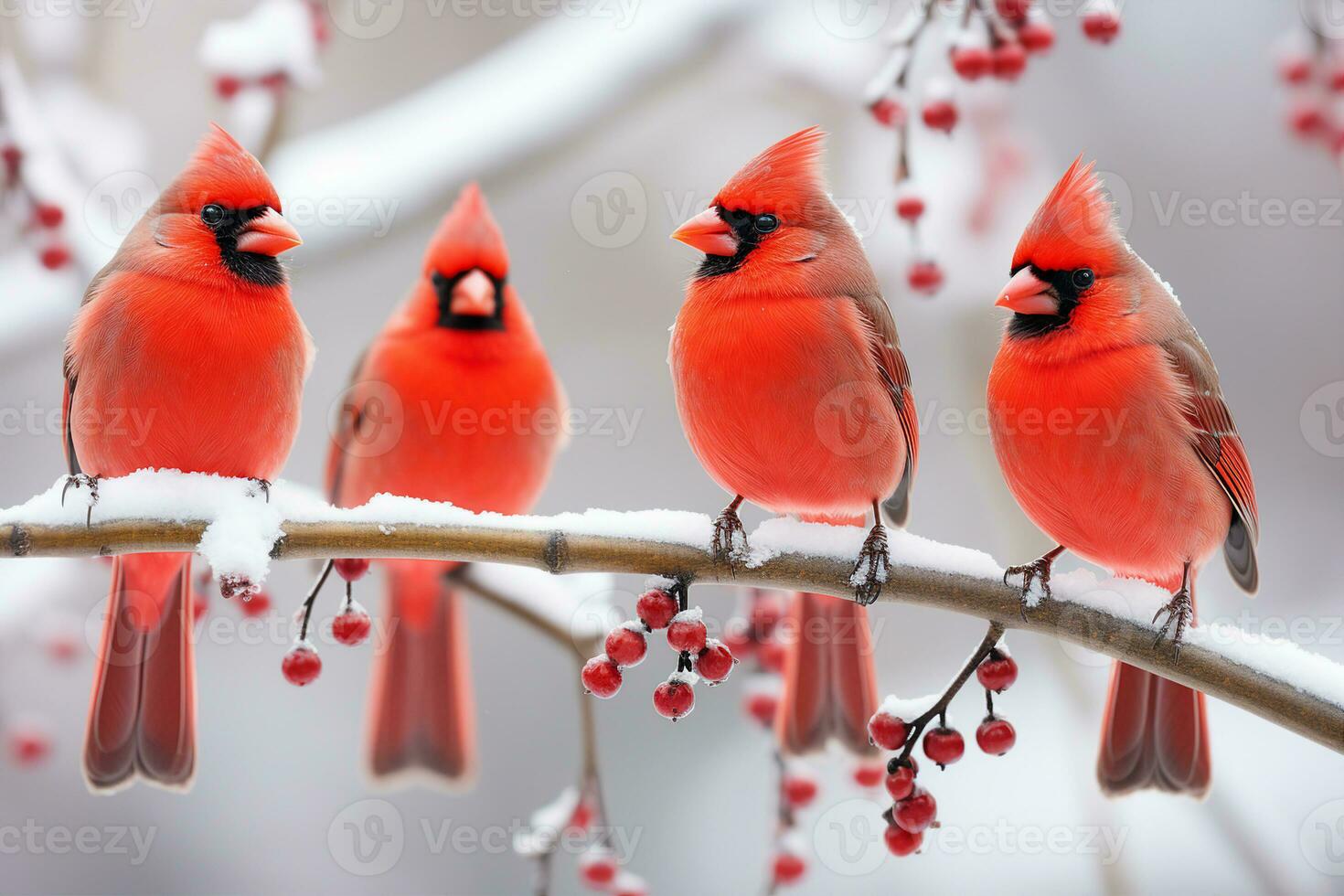 Cardinal birds with bright red feathers sitting on a snow-covered rowan tree branch with red berries. A symbol of winter and the holiday season. AI Generated. photo