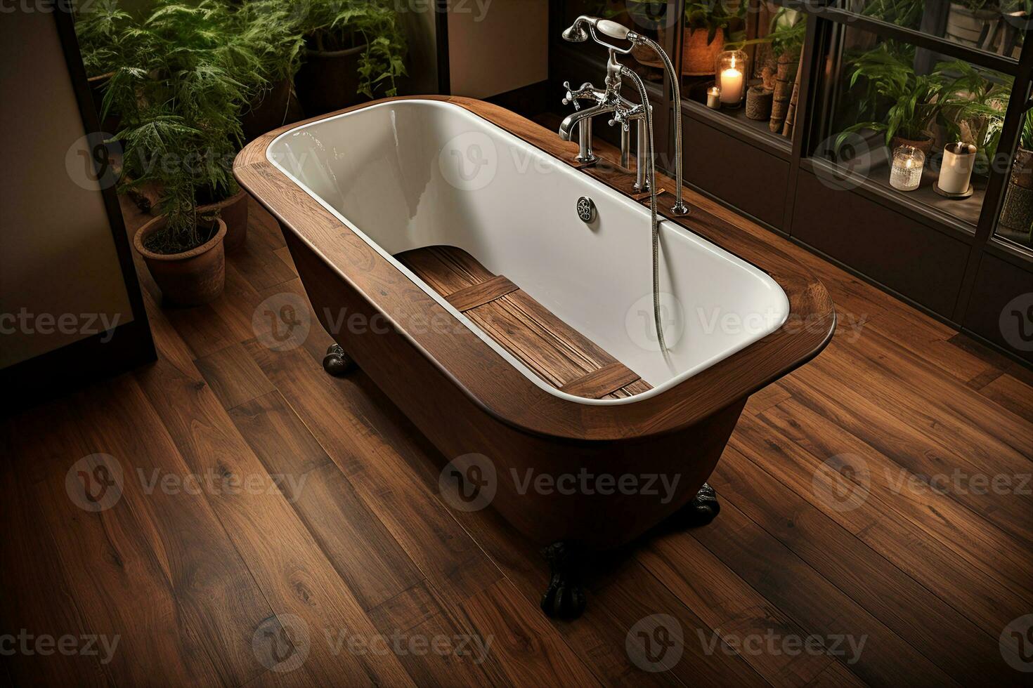 An acrylic bathtub with a wooden frame, that surrounds it, on a wooden floor in a bathroom. Stylish and elegant interior. AI Generated illustration. photo