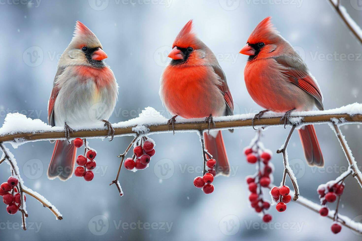 Cardinal birds with bright red feathers sitting on a snow-covered rowan tree branch with red berries. A symbol of winter and the holiday season. AI Generated. photo