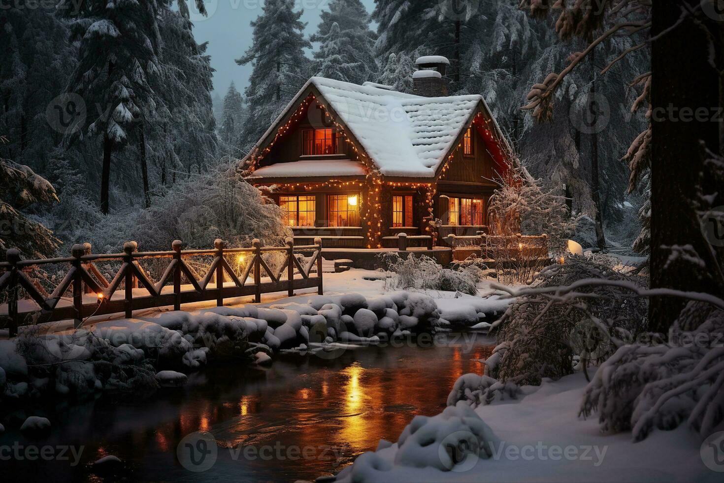 A small log cabin by the river with snow-covered roof and windows surrounded by snow-covered trees in the forest. A serene winter landscape is depicted. AI Generated. photo