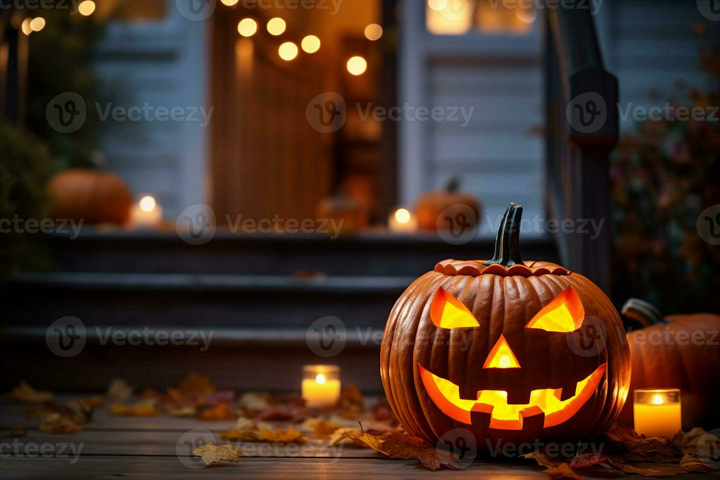 A carved pumpkin, Jack-O-Lantern on a front porch illuminated at night with candles flickering inside. A spooky and festive Halloween scene. AI Generated illustration. photo