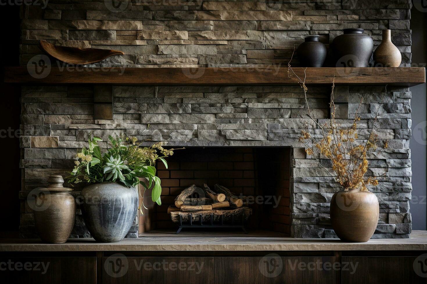A stone fireplace made of large, brown stones surrounded by vases and plants on a wooden mantle. Warmth, comfort, and relaxation interior concept. AI Generated illustration. photo
