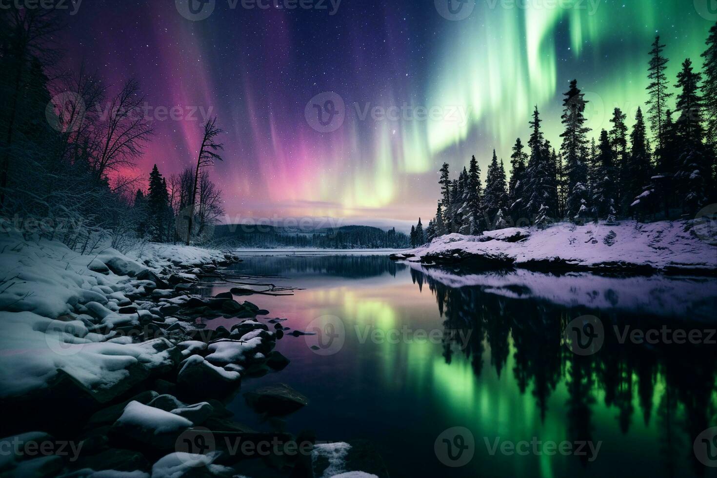 Vibrant display of the aurora borealis in the night sky, showcasing a mix of green, violet, pink and other colors. A mesmerizing natural phenomenon predominantly seen in high-latitude. AI Generated. photo