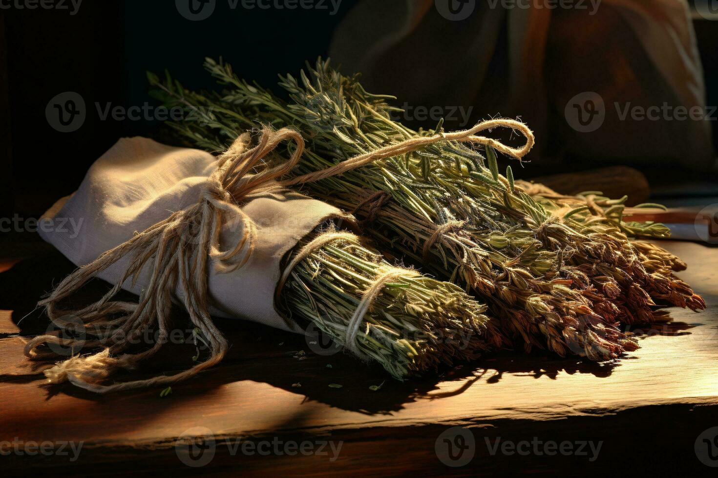 Bouquet of assorted dried alpine herbs tied with twine on a wooden table, including lavender, rosemary, and thyme. Symbol of the nature's beauty and utility for cooking and medicine. AI Generated. photo