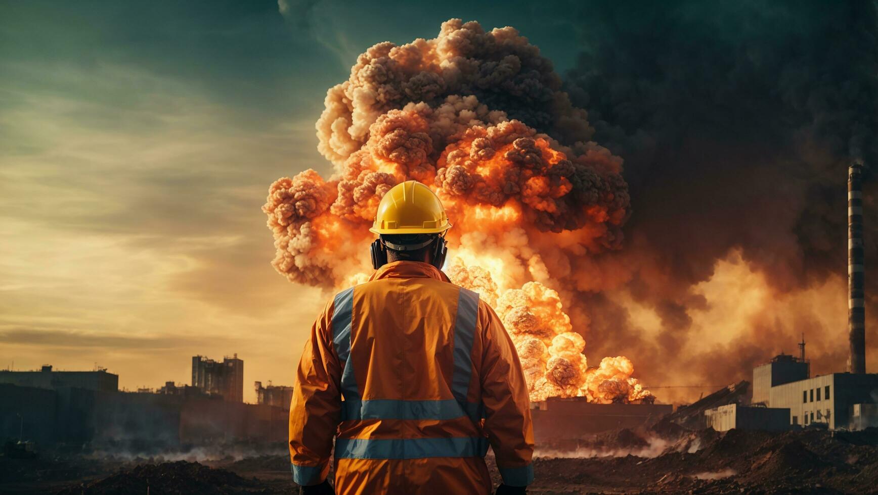 Professional heavy industry worker with Explosion of nuclear bomb in the capital. AI Generative photo