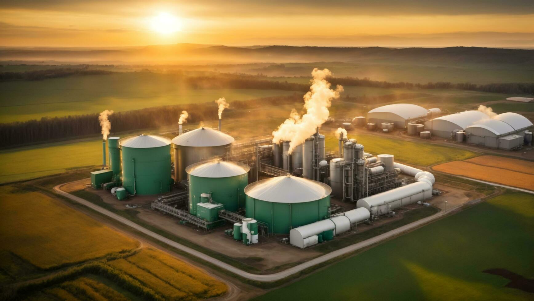 Modern biogas plant between several fields in rural region with sunset background, Bioenergy plant utilizing organic waste, Generative Ai photo