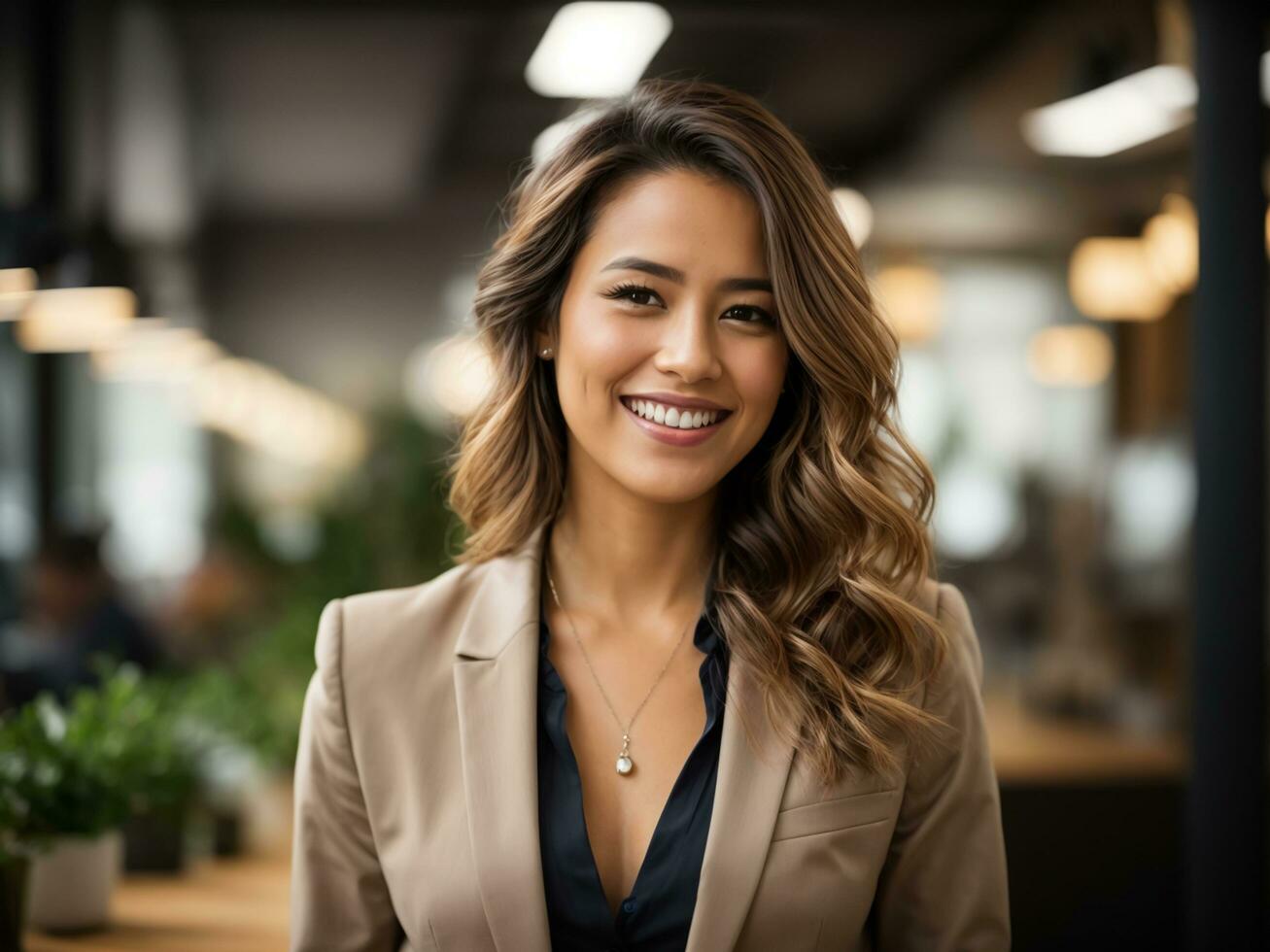 retrato de joven sonriente exitoso mujer de negocios, contento negocio mujer en pie en creativo oficina. ai generativo foto