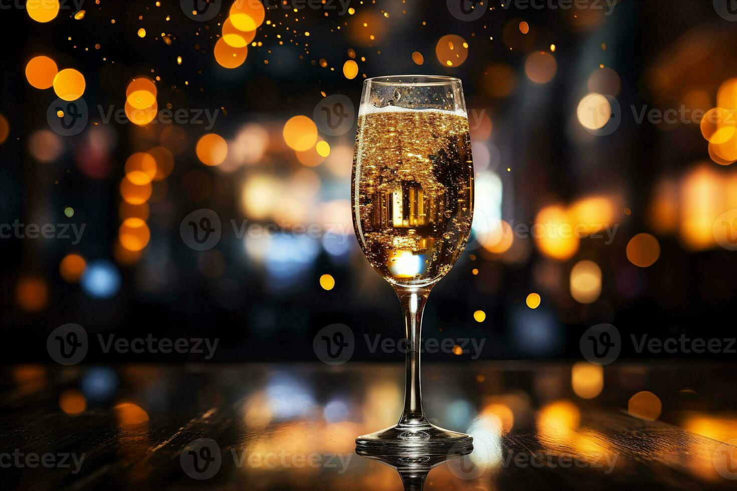 A crystal champagne glass half full with bubbly golden champagne, condensation dripping down the side, backlit by neon signs, bokeh in background, AI Generated. photo