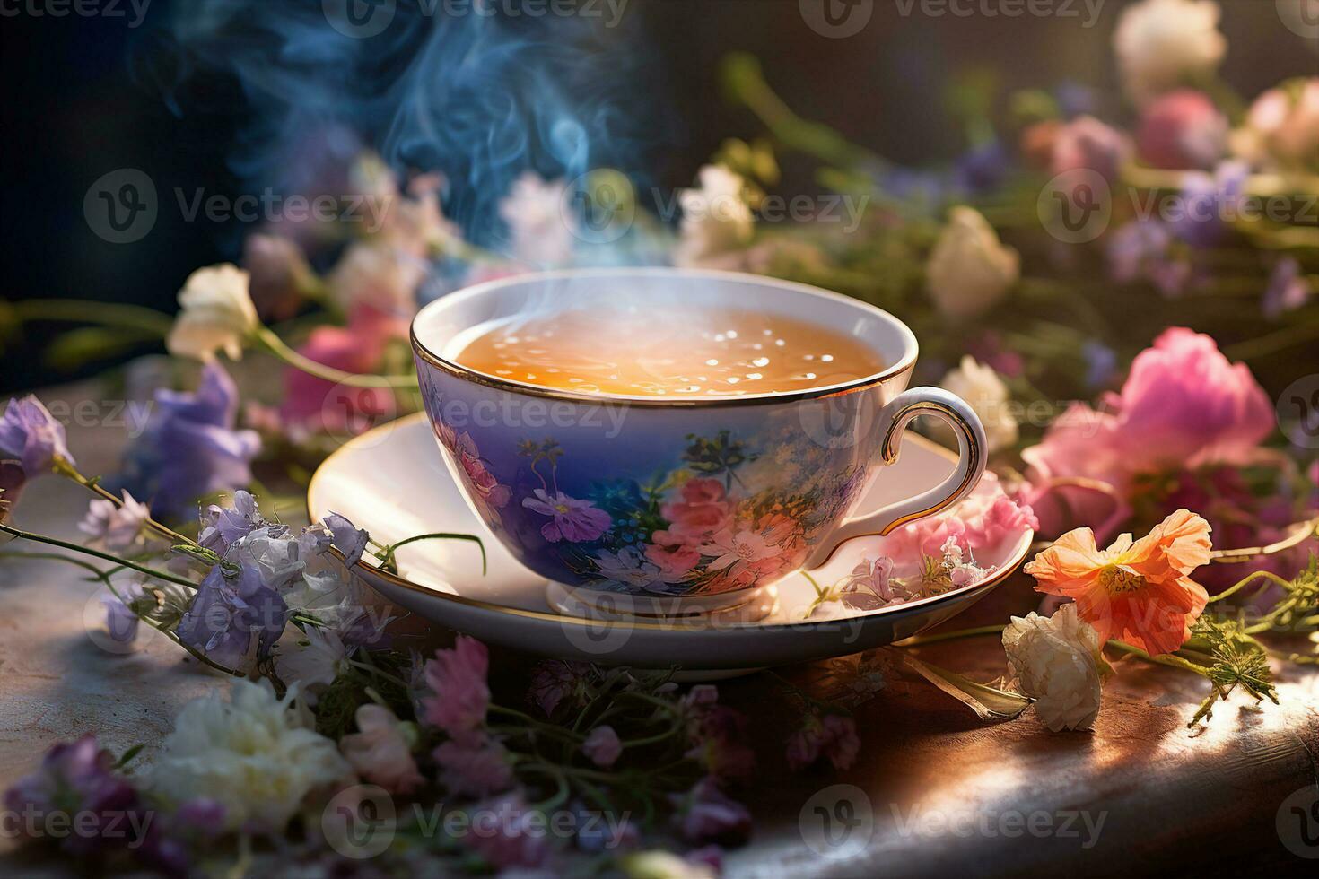 A cup of the streaming tea on a saucer surrounded by flowers in bloom. Atmosphere of warmth and tranquility. AI Generated. photo