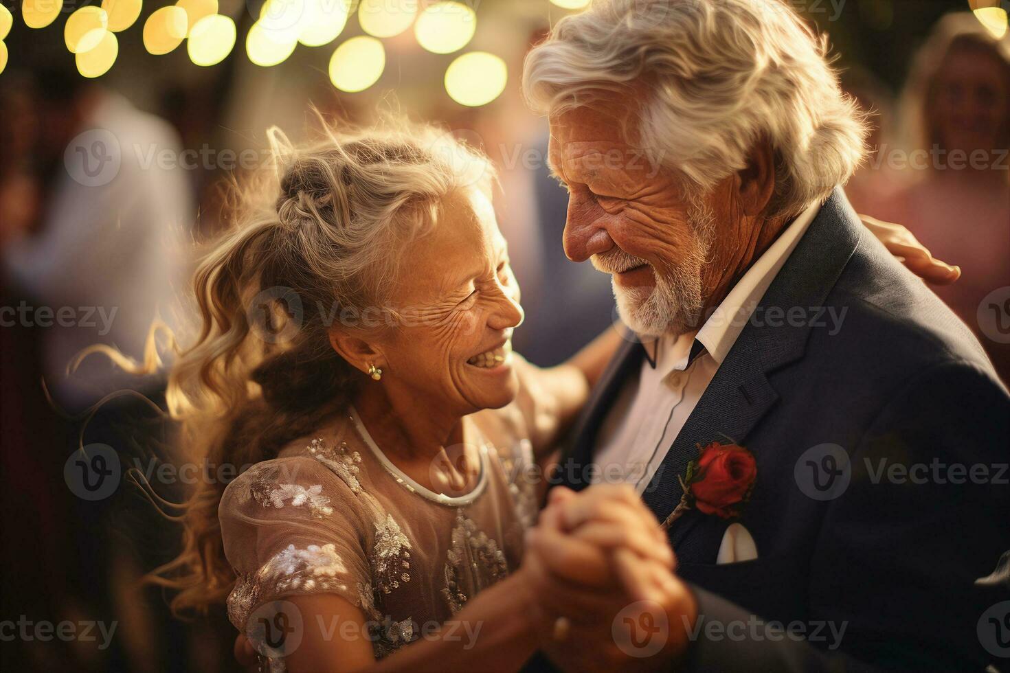 Grandparents slow dance at grandchildren's wedding, candid joyful moment, AI Generated. photo