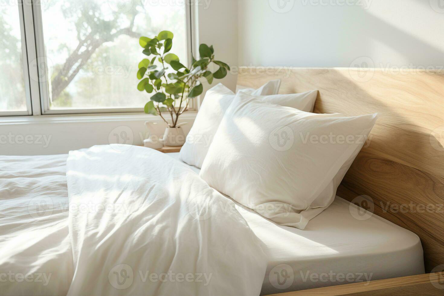 A white bed in a small room with large windows surrounded by green potted plants, flooded with bright sunlight. Makes you think of a summer morning, AI Generated. photo