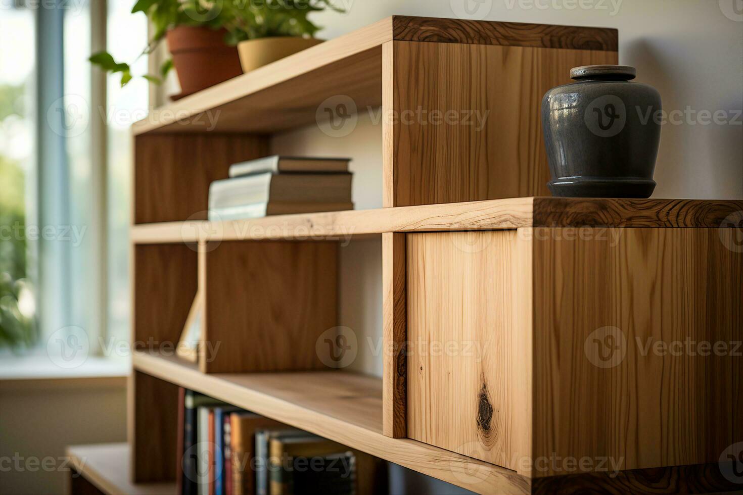 Large, freestanding wooden bookshelf with books. Close-up side view, cozy home interior, AI Generated. photo