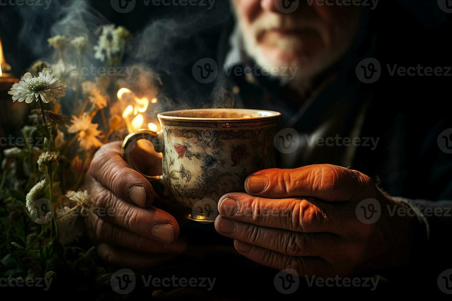 An elderly man is sitting in a pantry where herbs are drying and he is holding a cup of hot tea. Sunlight from a small window illuminates the steam clouds, AI Generated. photo