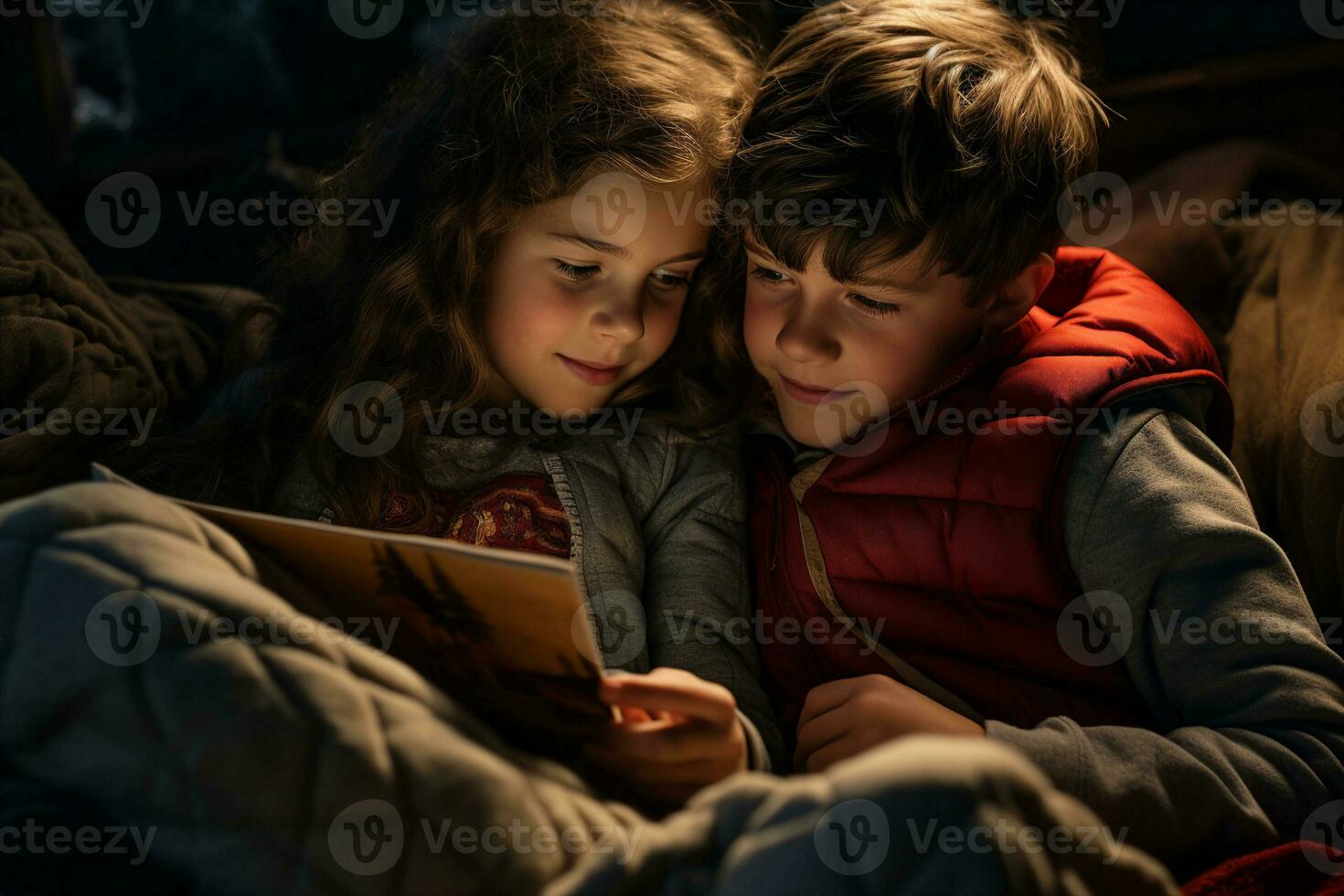 Brother and sister, cuddled together, reading bedtime stories to each other. The warm light of the lamp, cozy friendly atmosphere, AI Generated. photo