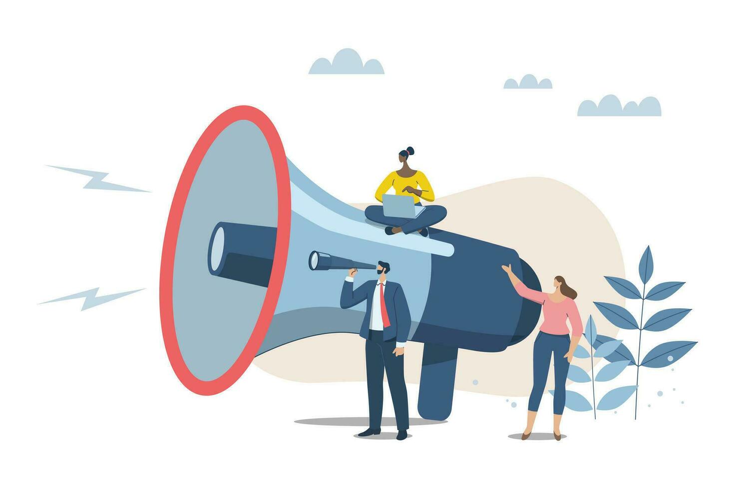 Searching for business target groups, public relations to communicate company information, marketing and advertising concepts, Businessman looks into binoculars with a big megaphone to communicate. vector