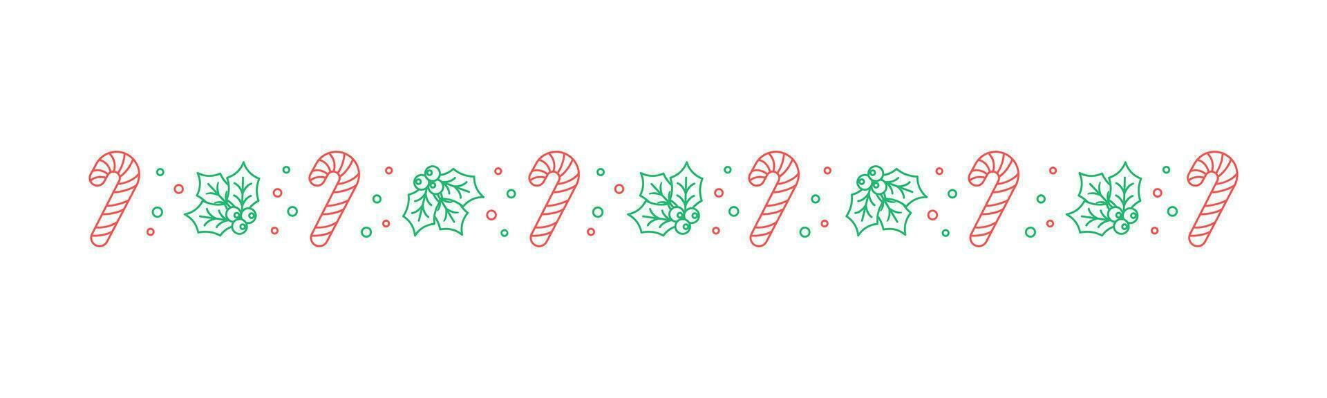 Christmas themed decorative border and text divider, Mistletoe and Candy Cane Pattern Outline Doodle. Vector Illustration.