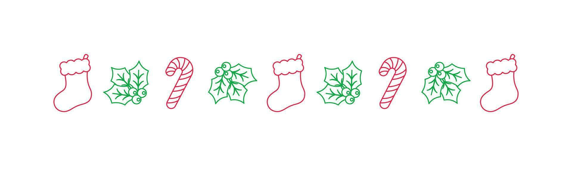 Christmas themed decorative border and text divider, Christmas Stocking, Candy Cane and Mistletoe Pattern Doodle. Vector Illustration.